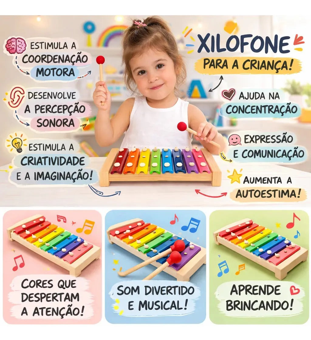 Xilofone 8 Notas Infantil Musical Brinquedo Pedagógico Escolar Didático 2 - 4 anos